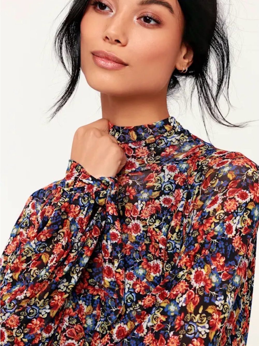 Free People All Dolled Up Black Floral Print Mesh Long Sleeve top